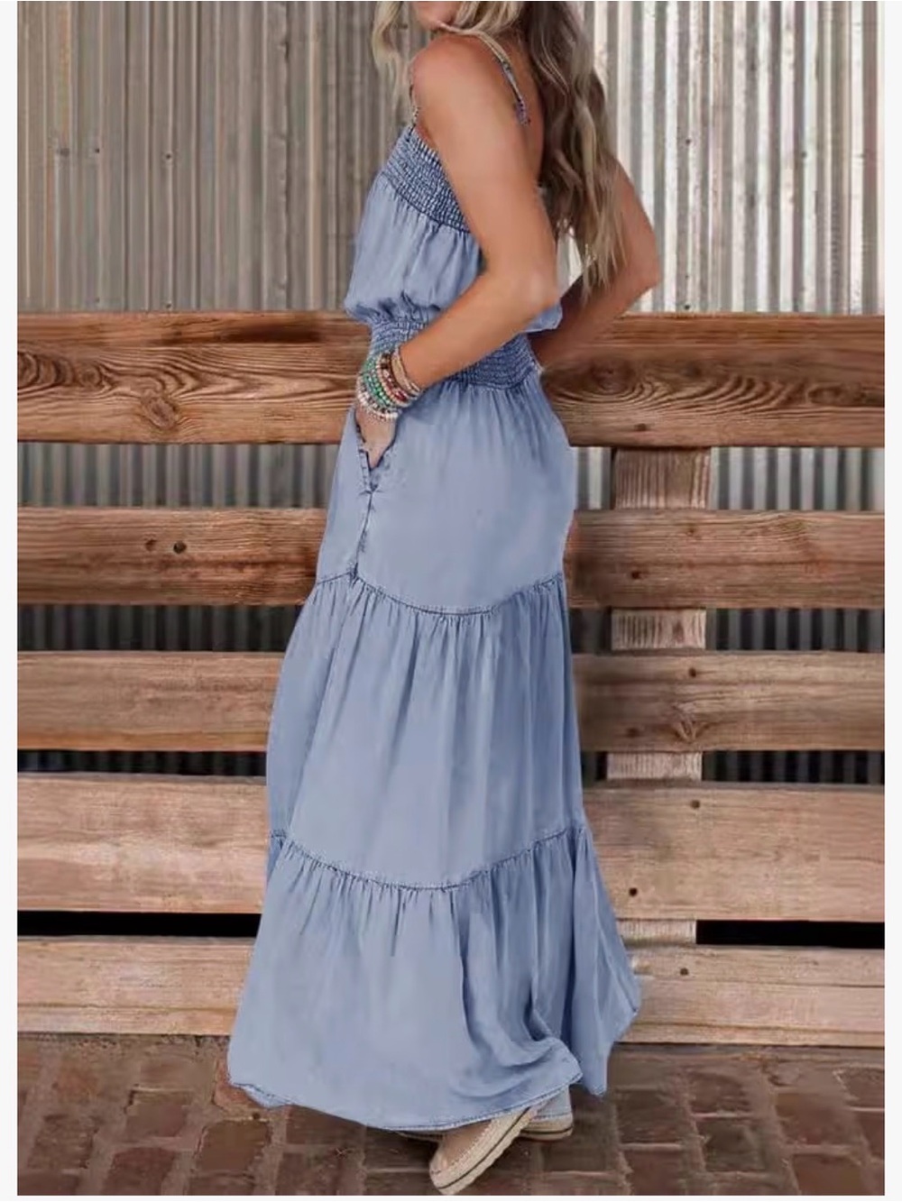 Smocked Bodice Tiered Maxi Dress - Light Blue - Picture 2 of 7